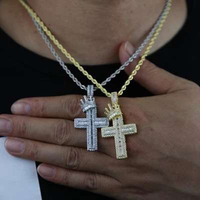 Mens Hip Hop Crown Cross Pendant Necklace – Iced Out Bling CZ Stones, Gold Chain - Image 1 of 4