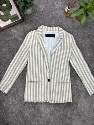 Zara Linen Blazer Women’s Basic Jacket Size Small White And Tan Stripe Summer - Image 1 of 4