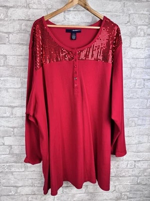 Denim 24/7 Waffle Knit Henley Top 5X Holiday Red Sequin Embellished Party - Image 1 of 4