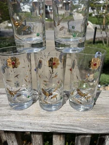 Vtg 6 Culver Ltd gold Butterfly Jeweled 5.5 Inches Tall Drinking Glasses - Picture 1 of 13