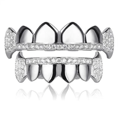 Juego de parrillas de hip hop colmillos parte superior inferior circonita cúbica chapada en oro de 18 quilates juego de parrillas de dientes Foto 1 de 4