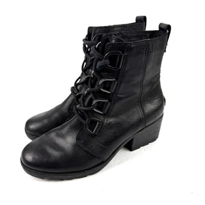 Sorel Cate Lace Bootie 8.5 Black Leather Waterproof Womens Heeled Ankle Boot - Picture 1 of 10
