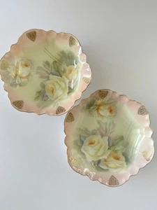 Antique RS Germany Bowls Yellow Roses Hand Painted Porcelain Scalloped Gold 2 - Picture 1 of 7