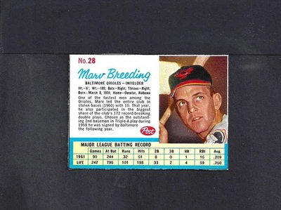 1962 POST #28 MARV BREEDING-1--ORIOLES--NO CREASES--NR/MT - Image 1 of 2