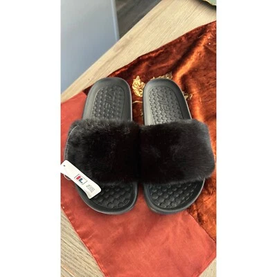 Fila Fuzzy Slides Black Faux Fur Sandals Comfy Slip On Shoes New Sz 8 - Image 1 of 4