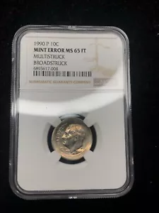 TONED 1990 1/1 TOP #1 10c DIME MULTISTRUCK ERROR BROADSTRUCK MS 65FT NGC - Picture 1 of 6