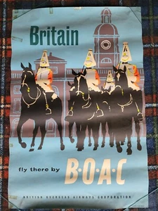 Vintage 50s or 60s BRITAIN FLY THERE BY BOAC 20x30 British airline travel poster - Picture 1 of 5