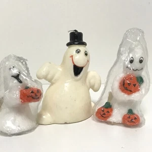 Vintage Halloween Geist Kerzen 4 1/2" unverbrannt Happy White Ghost Zylinder Hut Lächeln - Bild 1 von 6