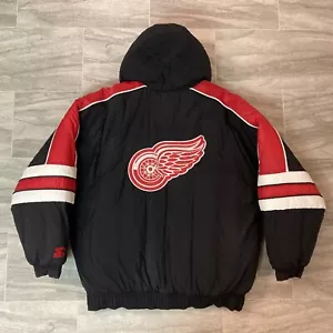 VINTAGE 1990s DETROIT RED WINGS STARTER JACKET PUFFY HOODED SIZE LARGE - Bild 1 von 5