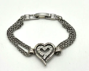 Vintage Retired Brighton Multi-Chain Rhinestone Heart Bracelet 7in Bangle - Picture 1 of 6