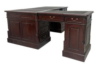 Grosser Eckschreibtisch massives Mahagoniholz Schreibtisch Antik Leder Schwarz - Bild 1 von 4