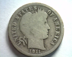 1911 BARBER DIME GOOD G NICE ORIGINAL COIN FROM BOBS COINS FAST 99c SHIPMENT - Picture 1 of 2
