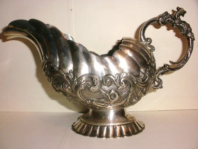 ANTIGUA SALSA HOLANDESA PLATA SIGLO XIX BOTE DECORACIÓN PÁJARO MANGO DRAGÓN  Foto 1 de 4