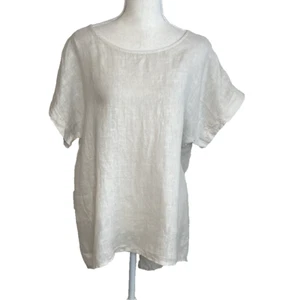 Terzo Millenio Cream Linen Hi-Lo Tunic Blouse Large Short Sleeve Italy Lagenlook - Picture 1 of 10