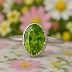 925 Anello Argento Sterling Peridoto Verde Ovale Taglio Lunetta Donna Misura All - Foto 1 di 14