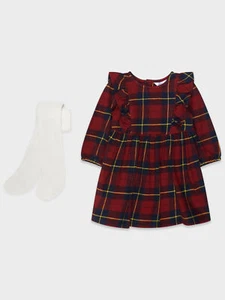 M&Co Girls Red Tartan Dress & Tights Set (X) - Picture 1 of 15