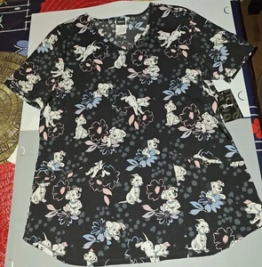 Women's Disney 101 Dalmatians V-Neck Black Scrub Top Pockets Medium NEW - Picture 1 of 6