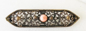 c1900 Pin Brooch - Coral on Art Deco Filigree FNCO Fishel Nessler - 5/8"x3" 8.9g - Picture 1 of 3