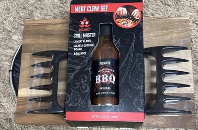 Grill Master Picante Meat Claw Set W/ Sauce & Wooden Cutting Board New - Image 1 of 4