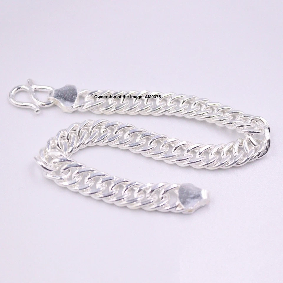 Solid 999 Fine Silver Men Bracelet 8.5mm Curb Cuban Link Chain 7.87inch For Men - Image 1 of 4