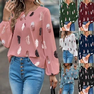 Feather Print Vneck Shirt Long Sleeve for Women Casual and Street Style - Picture 1 of 37