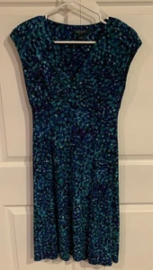Lauren Ralph Lauren Dress Women 2 Blue Multicolor Cap Sleeve V Neck Fit & Flare - Picture 1 of 10