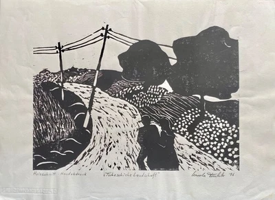 Holzschnitt " Tschechische Landschaft " signiert Karola Teschler,  1996 - Bild 1 von 4
