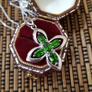 925 Sterling Silver Necklace, Genuine Green Diopside Pendant, Floral Pendant  - Picture 1 of 7