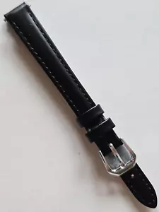 12 mm / lang - schwarzes Echtleder Uhrenarmband - (silberne Schließe / mit Stiften ) - Bild 1 von 3