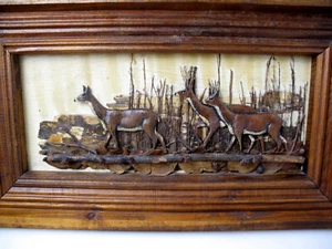 Ancien art mural encadré à suspendre en bois 3D cerf en bois main - Photo 1/12