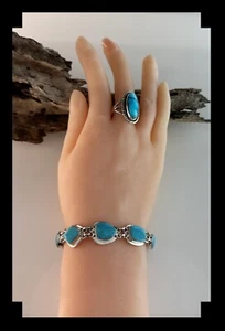 Sterling and Kingman Turquoise Tennis or Link Bracelet - Picture 1 of 4