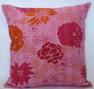 40cm PINK CUSHION COVER COTTON KANTHA Embroidery Throw Pillow Ethnic Home Decor - Picture 1 of 4