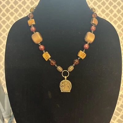 Frida Kahlo Peekaboo Pendant Door Bronze Gold Filigree Square Bead Wood Necklace - Image 1 of 4