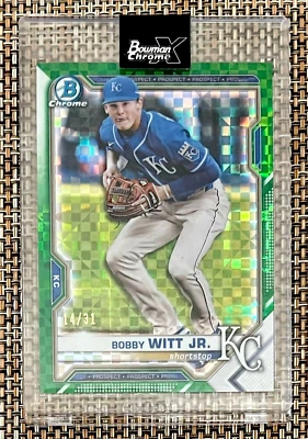 2021 Bowman Chrome X Bobby Witt Jr. #14/31 Green X-Fractor SSP Encased w/ Seal - Image 1 of 2
