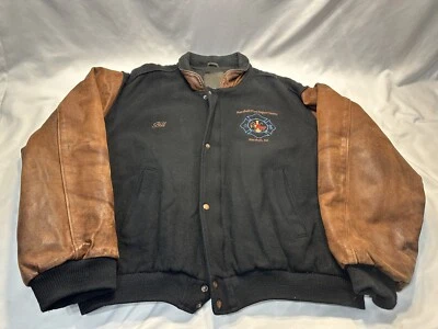 Bomber Jacket Mens XL Varsity Lettermen Black Wool Leather Arms Fire Dept Logo - Image 1 of 4