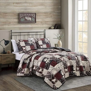 Western Gray/Beige/Burgundy Big Bear Paw Print Bedspread 3 Piece National Forest - Picture 1 of 6