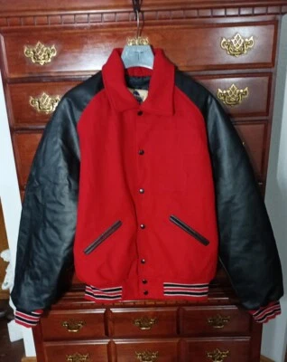Maverick Varsity Red & Black wool varsity leather jacket .... quilted lining, L Foto 1 de 4
