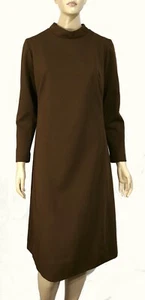 Vintage Mod Moc T 70s Monochrome Hazel Brown LS Polyester Shift Dress  L - Picture 1 of 5