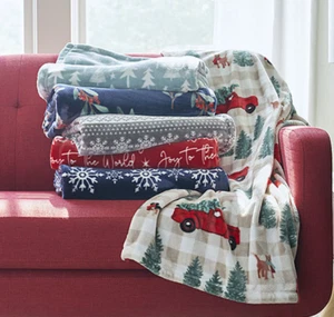 RedGreenBlueGrayHollySnowflakeWordVelvetChristxTreesDogTrucksFairNightSkyBlanket - Picture 1 of 27