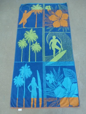 VTG Beach Towel 36x71 Surfer Palm Trees Sunset Hibiscus Reversible Resort Living - Image 1 of 4