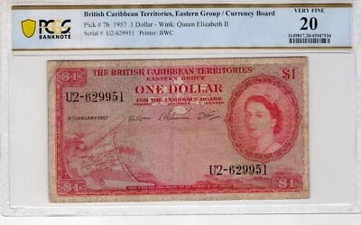 British Caribbean Territories 1957 $1 PCGS Certified Banknote VF 20 Pick 7b - Image 1 of 2
