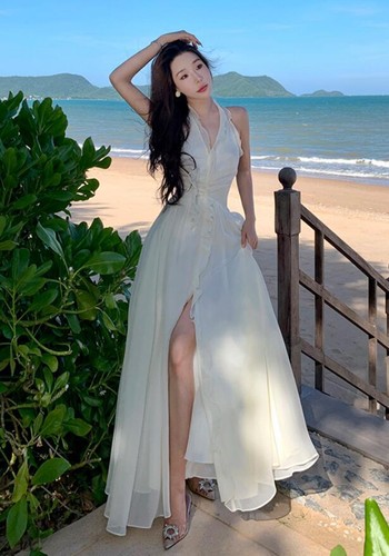 OFF WHITE Abito lungo fata sexy donna temperamento senza schienale collo a fessura vita alta