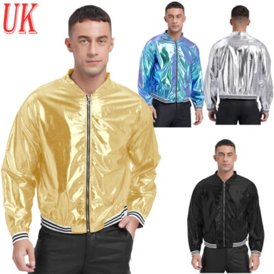 AU Men Shiny Varsity Jacket Metallic Zip Up Baseball Bomber Jacket Coat Clubwear - Image 1 of 3