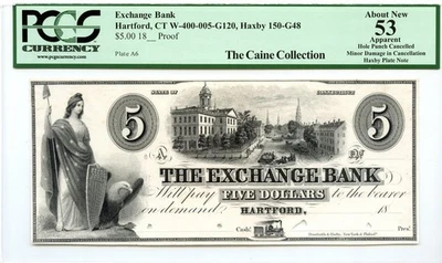 18XX $5 Exchange Bank Hartford, CT Obsolete Proof PCGS AU-53 *Haxby Plate Note* - Image 1 of 2