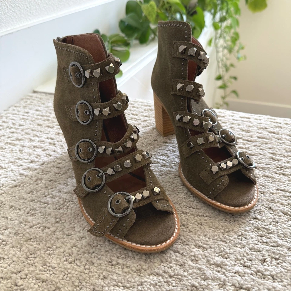 NUEVO Botines Jeffrey Campbell BESS Hebilla Oliva Gamuza Punta abierta Tacón 7.5 Foto 1 de 4