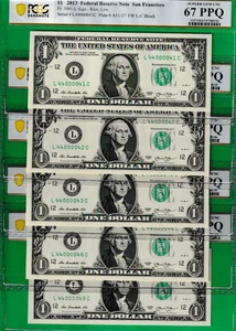 $1  FEDERAL RESERVE NOTE FANCY  S/N  44000041 TO 49  PCGS 67 PPQ "Price for one" - Picture 1 of 2