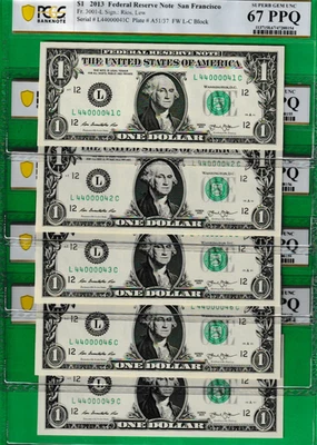 $1  FEDERAL RESERVE NOTE FANCY  S/N  44000041 TO 49  PCGS 67 PPQ "Price for one" - Image 1 of 2