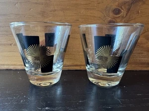 Vtg MCM Atomic Starburst Whiskey/Dble Shot Glasses Gold &Black Barware Set of 2 - Picture 1 of 4