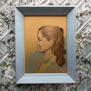 Vintage 1963 Pastel Profile Portrait of a Young Girl 12" x 16" Framed Signed - Picture 1 of 5