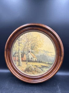 Impresión de paisaje de marco redondo vintage, decoración de pared de escena de cabaña rústica. - Imagen 1 de 6